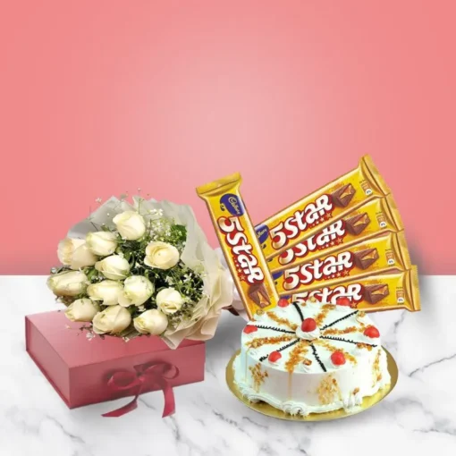 White Roses Butterscotch Charm – round butterscotch cake with white roses bouquet.