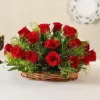 Classic 15 Roses Basket – red roses in a woven basket with greenery