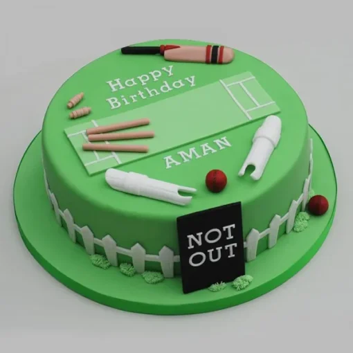 Cricket Star Birthday Cake – cricket-themed cake with edible cricket bat, ball, and stumps