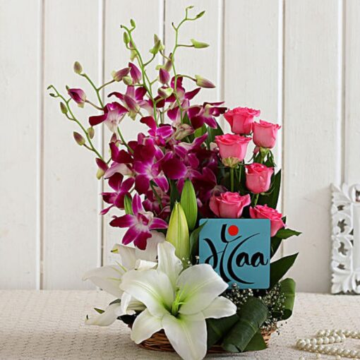 Radiant Maa Floral Display – vibrant mixed flowers arranged beautifully for Mom