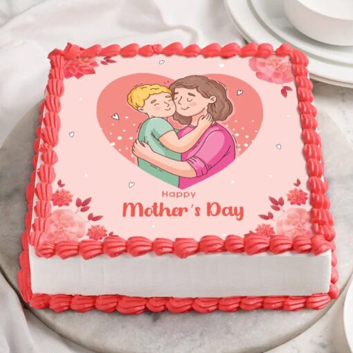 Joyful Mother’s Day Tribute – festive cake with floral decorations and elegant flower bouquet
