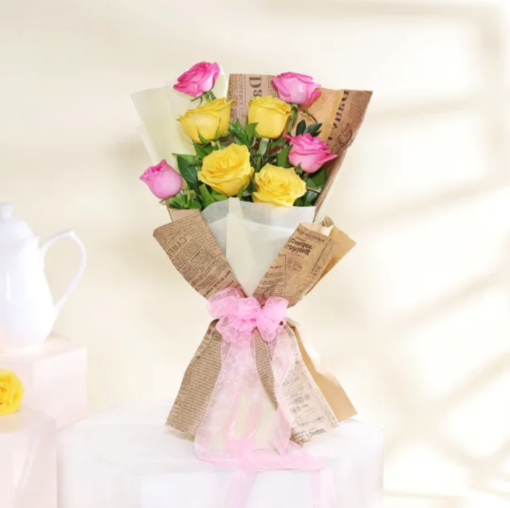 Lively Rose Petal Bouquet with vibrant pink and white roses arranged beautifully for gifting