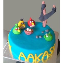 Angry Bird Birthday Cake with colorful fondant characters and themed decorations
