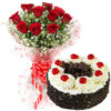 Black Forest Rose Cake decorated with red buttercream roses and chocolate shavings.