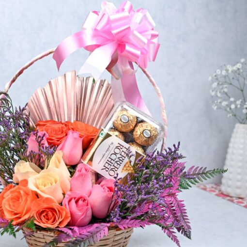 Rose Petal Chocolate Basket with assorted gourmet chocolates and fragrant rose petals artfully arranged