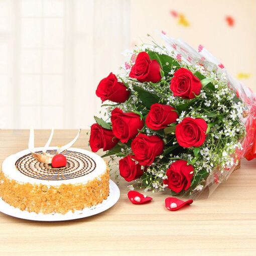 Radiant Floral Delight Combo – elegant flower bouquet with chocolates and cake.