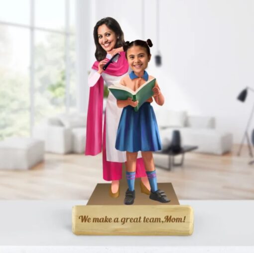 Custom hand-drawn mom and daughter caricature portrait with personalized details, perfect gift for family celebrations.