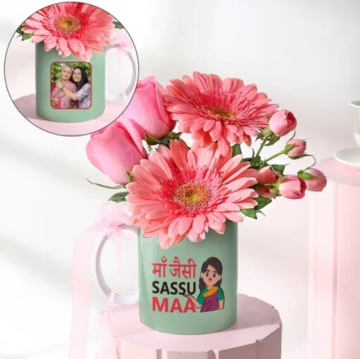 Personalized Saasu Maa Mug Set with special printed designs, perfect gift for mother-in-law