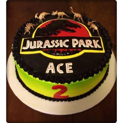 Jurassic Adventure Photo Cake with dinosaur photo and chocolate layers.
