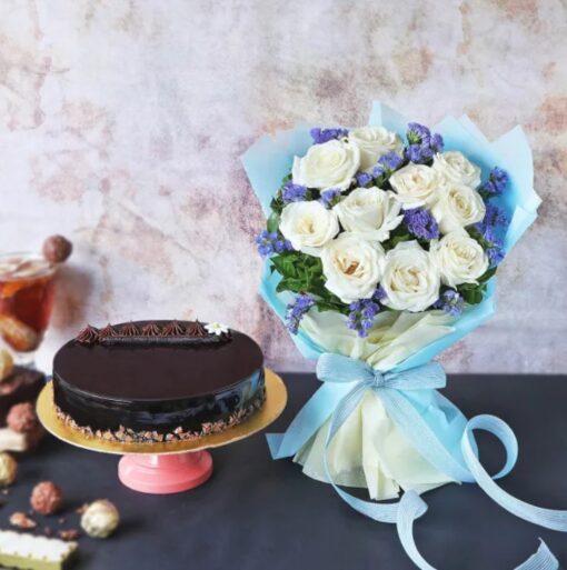 Truffle Rose Delight Ensemble featuring a beautiful bouquet of white roses paired with gourmet chocolate truffles, creating an elegant and indulgent gift set.