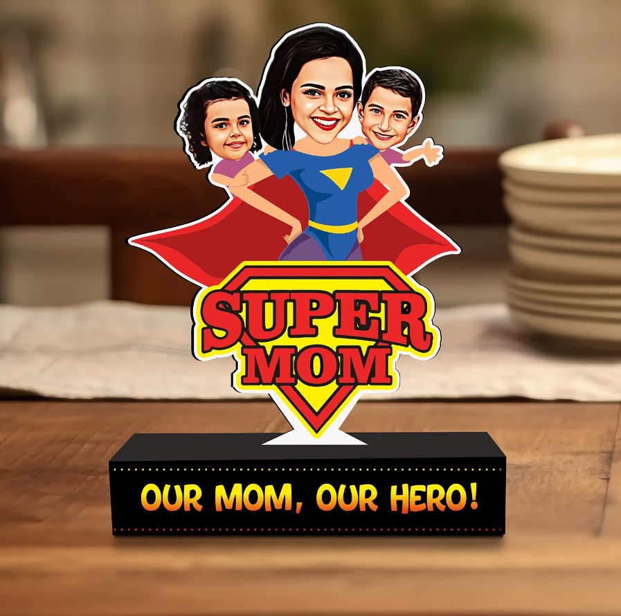 Personalized Super Mom Cartoon Portrait Gift Illustrated Super Mom caricature featuring a mother in superhero costume, custom-made for Mother's Day or birthday gifting.