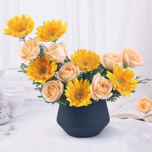 Cheerful Gerbera Rose Bouquet featuring bright gerberas and elegant roses arranged beautifully