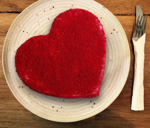 Heart’s Desire Velvet Cake, a red velvet cake in a heart shape with cream cheese frosting.
