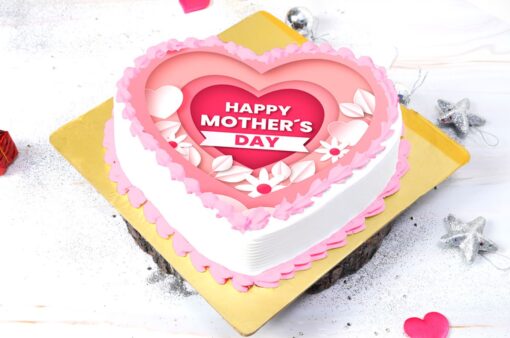 Mom’s Heart Tribute Cake – heart-shaped cake with floral decorations and loving message for Mother’s Day