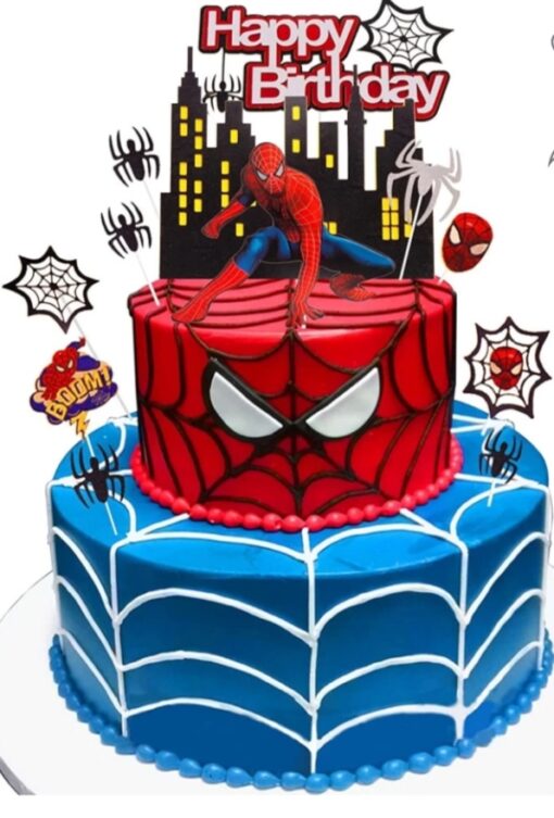 Spidey Hero Celebration Cake – colorful Spider-Man themed cake with web and mask decorations