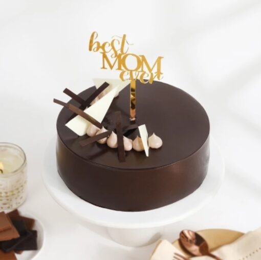 Elegant Mom Choco Treat chocolate cake topped with swirls and heart decorations for Mother’s Day
