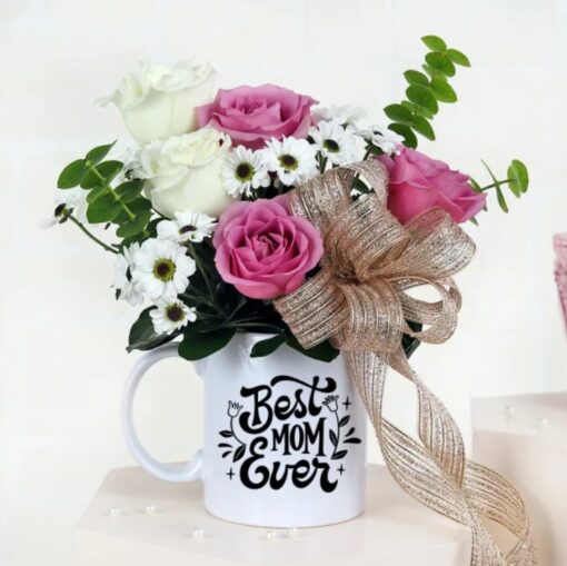 Mom’s Blooming Mug Gift with elegant flowers arranged in a personalized mug