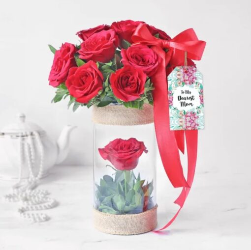 Bouquet of 10 fresh red roses tied with a ribbon, perfect gift for mom – Mom’s Love Rose Bunch.