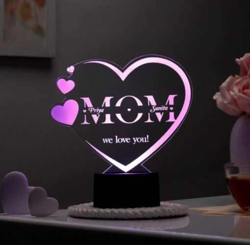 Personalized Mom’s Bright Love LED Lamp glowing warmly, ideal Mother’s Day gift with customizable heartfelt message.