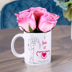 Mom’s Love Rose Mug featuring a printed mug with “Mom’s Love” text alongside a bouquet of pink roses