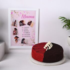 Velvet Cake & Cherished Frame gift set with red velvet cake and personalized photo frame, elegantly presented