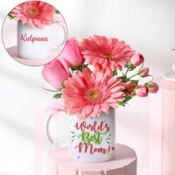 Special Mom Mug Arrangement with elegant flowers arranged in a personalized mug for Mom