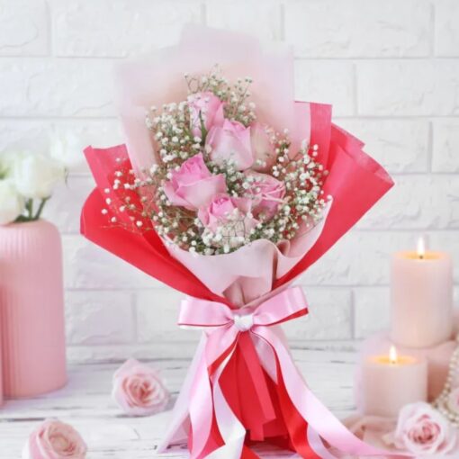 Pink Elegance Blossom Bunch showcasing delicate pastel pink flowers including Alstroemeria and roses with lush green foliage, creating a graceful and elegant bouquet.