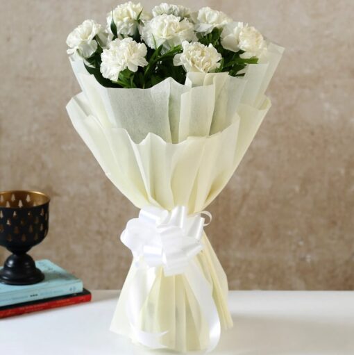 Pure White Carnation Elegance bouquet with pristine white carnations arranged beautifully for elegant gifting