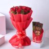 Scarlet Rose & Chocolate Harmony gift set with vibrant red roses and assorted gourmet chocolates beautifully arranged