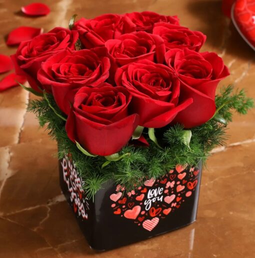 Love You Rose Vase with vibrant red roses in a personalized vase featuring a "Love You" sticker