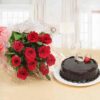 Roses & Rich Chocolate Celebration featuring a bouquet of fresh roses and a decadent chocolate cake.