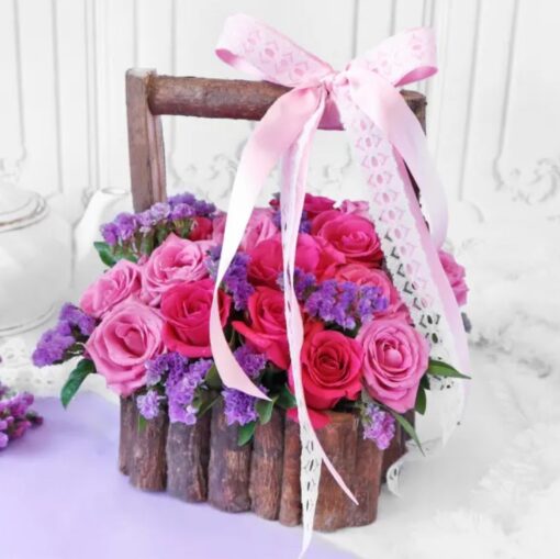 Rustic Rose Harmony Basket featuring a charming arrangement of rustic roses paired with gourmet chocolates and treats, ideal for thoughtful and creative gifting.