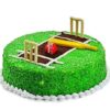 Cricket Champion Cake – chocolate cake decorated with cricket bat, ball, and stumps.