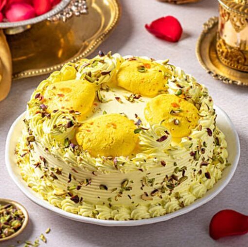 Butterscotch Rasmalai Fusion Cake – moist butterscotch cake with rasmalai and festive toppings.
