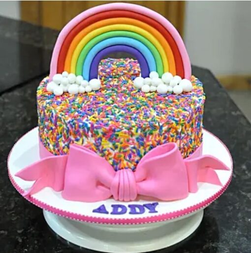 Rainbow Confetti Chocolate Cake – chocolate cake decorated with colorful rainbow sprinkles and festive frosting