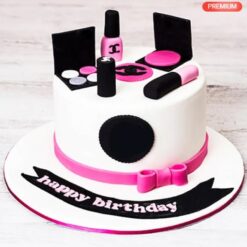 Glamour Beauty Cake – stylish cake decorated with makeup-themed fondant elements