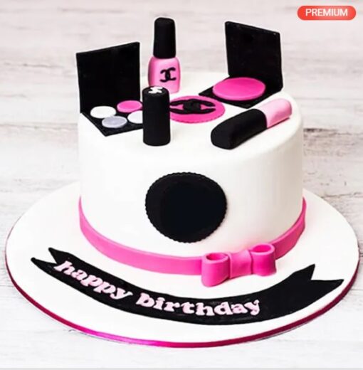 Glamour Beauty Cake – stylish cake decorated with makeup-themed fondant elements