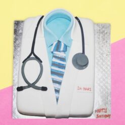 Doctor’s Celebration Cake – fondant cake decorated with medical-themed elements like stethoscope and doctor’s coat.
