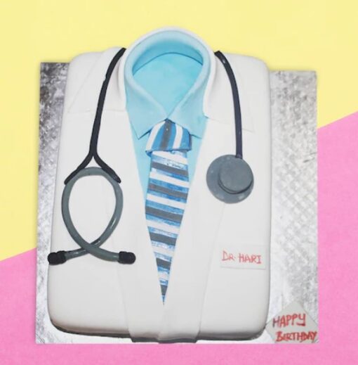Doctor’s Celebration Cake – fondant cake decorated with medical-themed elements like stethoscope and doctor’s coat.