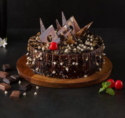 Marble Truffle Crunch Cake – swirled marble cake with chocolate truffle filling and crunchy chocolate toppings