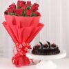 Red Roses Cake Set – bouquet of fresh red roses with a delicious cake.