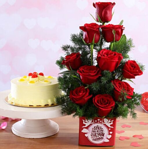 Radiant Red Roses Butterscotch – bouquet of fresh red roses with butterscotch cake.