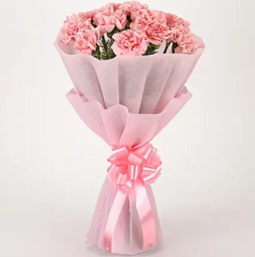 Elegant Pink Carnation Bouquet – fresh pink carnations wrapped in pink paper.