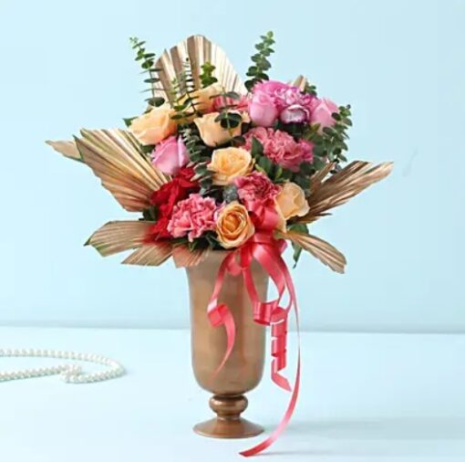 Charming Roses Carnations Mix – bouquet of red roses and white carnations with green fillers
