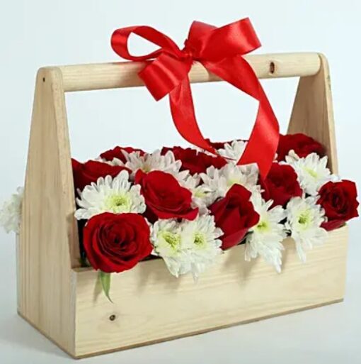 Radiant Roses Daisies Basket – fresh roses and daisies arranged in a decorative basket