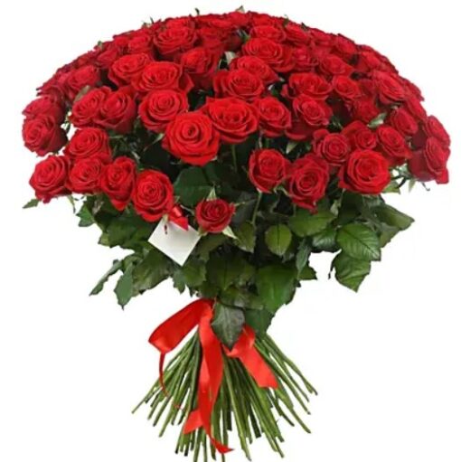 50 Stunning Red Roses – large bouquet of fresh, vibrant red roses wrapped elegantly