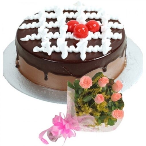 Chocolate Rose Bouquet Cake with pink rose floral decorations and smooth chocolate frosting.