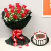Roses & Cake Gift Set with fresh rose bouquet and half kg Black Forest cake beautifully presented.