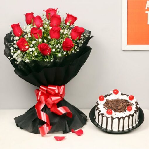Roses & Cake Gift Set with fresh rose bouquet and half kg Black Forest cake beautifully presented.