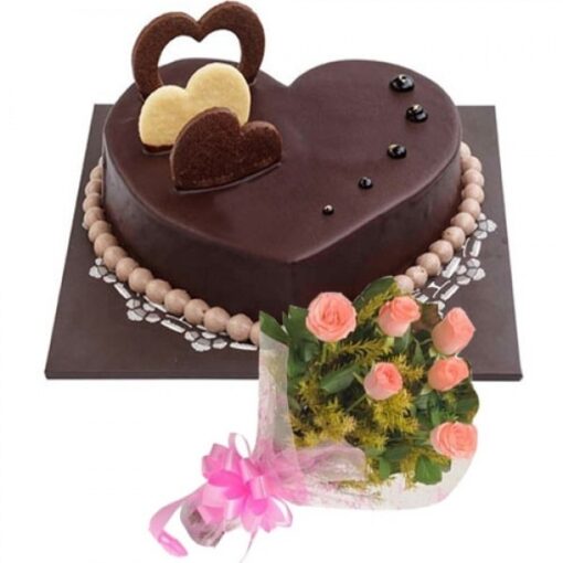 Chocolate Heart & Rose Elegance featuring a heart-shaped chocolate box with fresh red roses.